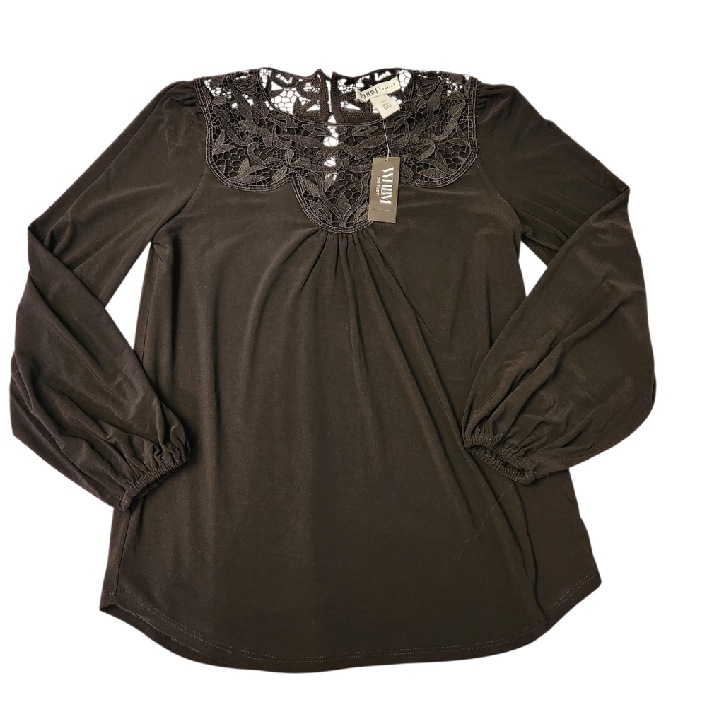 WHBM Women's Black Lace Detail Blouse Size XXS Long Sleeve NWT